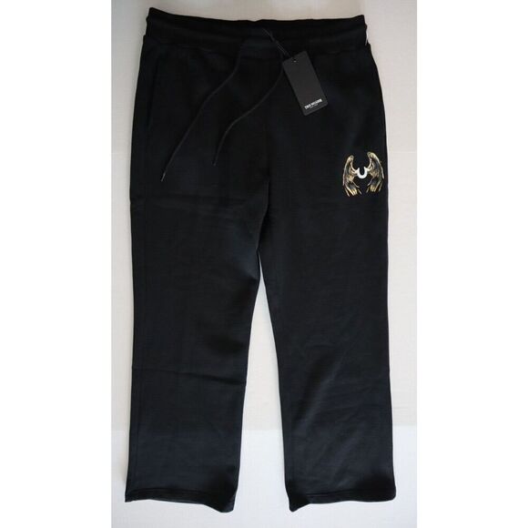 True Religion WMN Sz L Black Metallic Wing Horseshoe Straight Leg Sweatpants - Picture 1 of 14